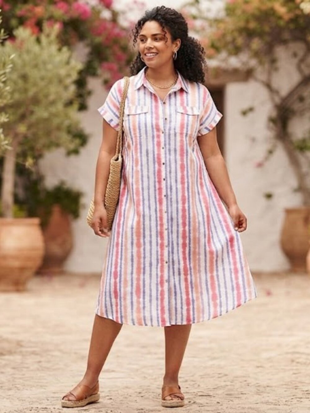Striped Button-Front Midi Shirt Dress